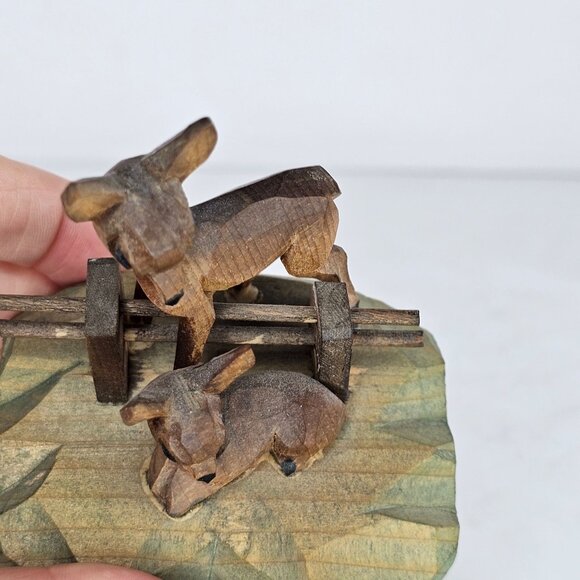 Hand-Carved Wooden Deer Family Sculpture With Rustic Fence On Geometric Base - Picture 8 of 8